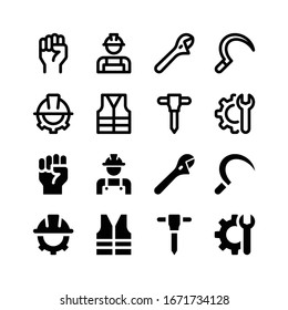 Simple Set of Labour Day Vector Glyph and Line Icons including hand, worker, wrench, sickle, helmet, vest, jack hammer, gear