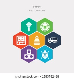 simple set of ladybug toy, cubes toy, bus toy, pyramid icons, contains such as icons etch a sketch steering wheel rattle and more. 64x64 pixel perfect. infographics vector