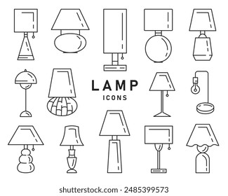 Simple Set of Lamps. Contains such Icons as Table Lamp, Floor Light and more. Editable Stroke. Vector line icons