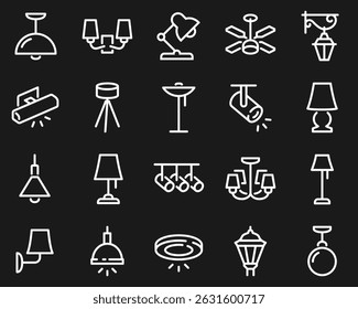 Simple Set of Lamps Related Vector Line Icons. Contains such Icons as Table Lamp, Floor Light, Spotlight and more white