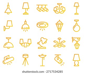 Conjunto simple de iconos de línea de Vector relacionados con lámparas. Contiene iconos como lámpara de mesa, luz de piso, proyector y más