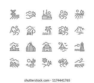 Простой набор ландшафтных связанных векторных линий иконок. Содержит такие иконки, как Ферма, Мегаполис, Пустыня и многое другое. Редактируемый ход. 48x48 пикселей идеально.