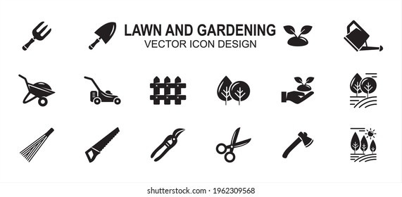 Simple Set Of Lawn And Gardening Maintenance Related Vector Icon User Interface Graphic Design. Contains Such Icons As Fork, Spade, Plant, Wheelbarrow, Fence, Grass Mower, Seed, Tree, Axe, Saw,