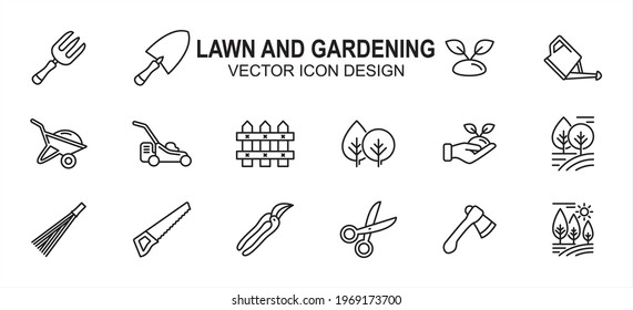 Einfache Pflege von Rasenflächen und Gartenarbeit Verwandte Vektorsymbol-Benutzeroberfläche Grafikdesign. Enthält Symbole wie Gabel, Spade, Pflanze, Keule, Zaun, Rasenmäher, Samen, Baum, Axt, Säge,