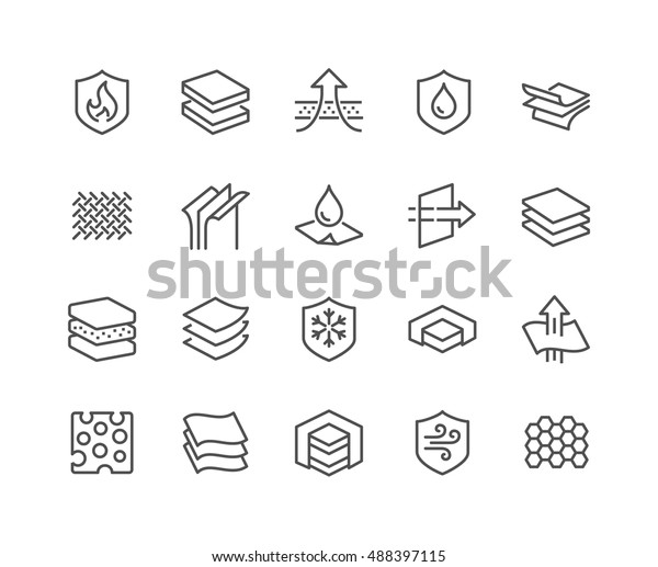 Simple Set\
of Layered Material Related Vector Line Icons. \
Contains such\
Icons as Waterproof, Wind Protection, Fabric Layers and\
more.\
Editable Stroke. 48x48 Pixel\
Perfect.