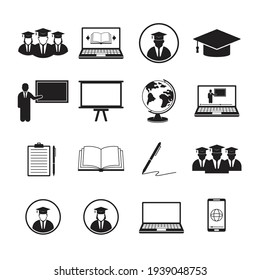 Simple Set of Learning Icons. Online Education Related Vector Icons. Contains such Icons as Graduation, E-Book, Video Tutorial, On-line Lecture, Globe, List, Book, Pen, Education Plan and Laptop.