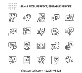 Conjunto simple de iconos de línea de vectores relacionados con el lenguaje de aprendizaje. 
Contiene iconos como habilidades para escuchar, traducción de texto, lenguaje de negocios y más. Stroke editable. 48x48 Pixel Perfecto.