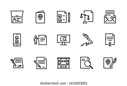 A simple set of legal documents related to vector linear icons. Contains icons such as ad, permit, passport, electronic documents, and more. Editable Stroke. 48x48 pixels.