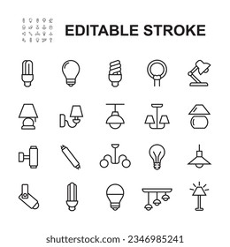 Conjunto simple de iconos de línea de vectores relacionados con la bombilla de luz. Contiene iconos como la lámpara clásica, el tubo halógeno y más. Stroke editable.