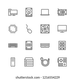 Simple set of line computer hardware icons: system unit, Laptop, monitor, Keyboard, mouse, SSD , Hdd, Motherboard, RAM, CPU, Server, cable, fan. Editable Stroke. 48x48 Pixel Perfect.