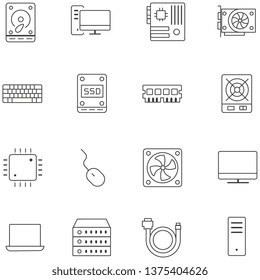 Simple set of line computer hardware icons: system unit, Laptop, monitor, Keyboard, mouse, SSD , Hdd, Motherboard, RAM, CPU, Server, cable, fan. Editable Stroke. 48x48 Pixel Perfect.