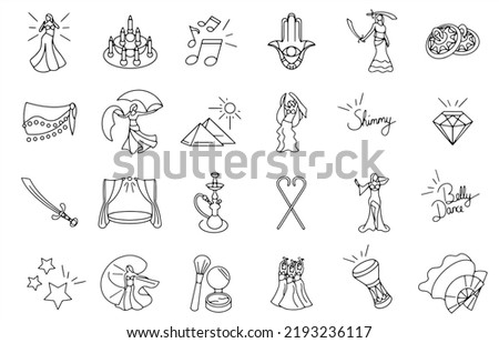 Simple set of line icons belly dance. tribal dance. belly dance symbols on white isolated background. Egyptian icons set, arabic culture icon