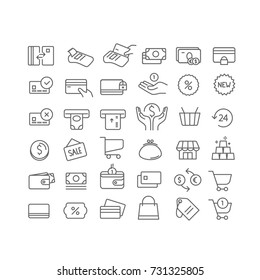 Simple set of line icons. Vector icons clipart isolated on white. Money, wallets, cards, coins etc