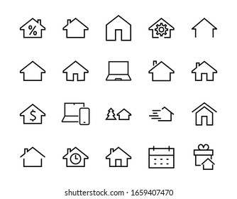 Simple set of line vector home icons. Contains house symbols at interest, infuse house and more. Editable stroke. 48x48 pixels perfect