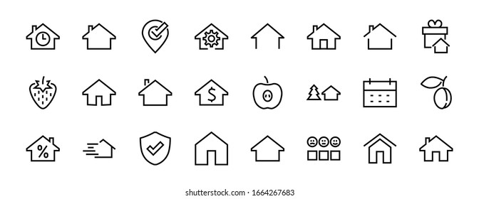  Simple set of line vector home icons. Contains house symbols at interest, infuse house and more. Editable stroke. 480x480 pixels perfect.