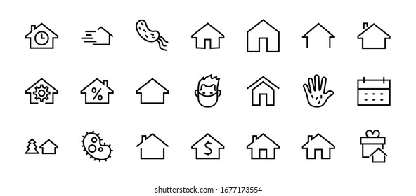 Simple set of line vector home icons. Contains house symbols at interest, infuse house and more. Editable stroke. 480x480 pixels perfect.