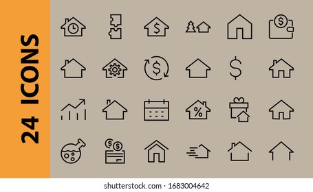 Einfache Auswahl an Vektorillustration-Home-Symbolen. Enthält Häusersymbole im Interesse, Infusionshaus und mehr. Bearbeitbarer Strich. 480x480 Pixel perfekt.