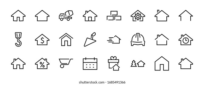 Simple set of line vector home icons. Contains house symbols at interest, infuse house and more. Editable stroke. 480x480 pixels perfect.