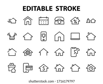 Simple set of line vector home icons. Contains house symbols at interest, infuse house and more. Editable stroke. 480x480 pixels perfect.