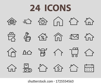 Einfache Menge an Zeilen Vektor Home Icons. Enthält Hossymbole zum Zaubern, das Haus und vieles mehr. Bearbeitbarer Strich. 480x480 Pixel perfekt.