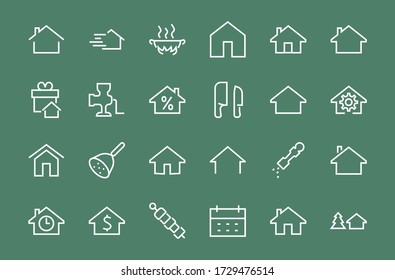 Simple set of line vector home icons. Contains house symbols at interest, infuse house and more. Editable stroke. 480x480 pixels perfect.