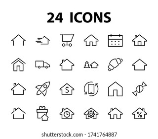 Simple set of line vector home icons. Contains house symbols at interest, infuse house and more. Editable stroke. 480x480 pixels perfect.