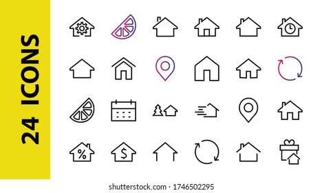 Simple set of line vector home icons. Contains house symbols at interest, infuse house and more. Editable stroke. 480x480 pixels perfect.