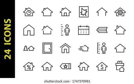 Simple set of line vector home icons. Contains house symbols at interest, infuse house and more. Editable stroke. 480x480 pixels perfect.