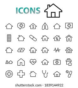 Simple set of line vector home icons. Contains house symbols at interest, infuse house and more. Editable stroke. 480x480 pixels perfect.