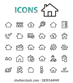 Simple set of line vector home icons. Contains house symbols at interest, infuse house and more. Editable stroke. 480x480 pixels perfect.