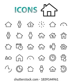 Simple set of line vector home icons. Contains house symbols at interest, infuse house and more. Editable stroke. 480x480 pixels perfect.