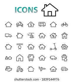 Simple set of line vector home icons. Contains house symbols at interest, infuse house and more. Editable stroke. 480x480 pixels perfect.