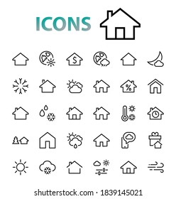 Simple set of line vector home icons. Contains house symbols at interest, infuse house and more. Editable stroke. 480x480 pixels perfect.