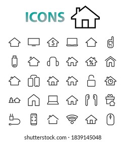 Simple set of line vector home icons. Contains house symbols at interest, infuse house and more. Editable stroke. 480x480 pixels perfect.