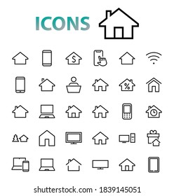 Simple set of line vector home icons. Contains house symbols at interest, infuse house and more. Editable stroke. 480x480 pixels perfect.