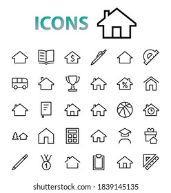 Simple set of line vector home icons. Contains house symbols at interest, infuse house and more. Editable stroke. 480x480 pixels perfect.