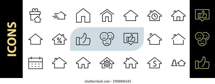 Einfache Auswahl an Vektorgrafik-Home-Symbolen. Enthält Häusersymbole im Interesse, Infusionshaus und mehr. Bearbeitbarer Strich. 480x480 Pixel perfekt.