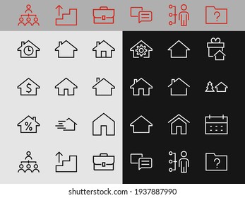 Simple set of line vector home icons. Contains house symbols at interest, infuse house and more. Editable stroke. 480x480 pixels perfect.