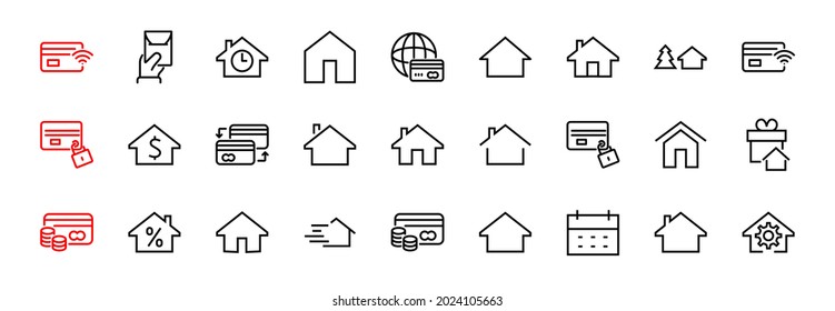 Simple set of line vector home icons. Contains house symbols at interest, infuse house and more. Editable stroke. 480x480 pixels perfect.