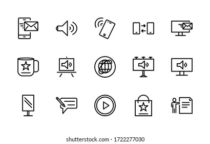 A simple set of linear vector icons associated with ads. Contains icons such as: Billboard, flyer, online newsletter, and more. Editable Stroke. 48x48 pixels is perfect.