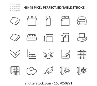 Simple Set of Linens Related Vector Line Icons. Contains such Icons as Blanket, Single and Double Bed, Weather Conditions. Editable Stroke. 48x48 Pixel Perfect.
