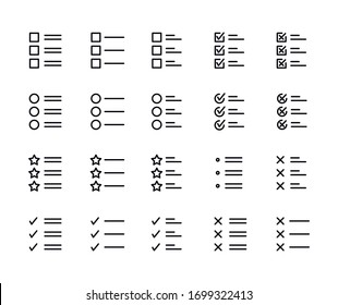 Conjunto simple de iconos de lista en estilo de línea de moda. Símbolos vectoriales modernos, aislados en un fondo blanco. Envase para pictogramas lineales. Colección de iconos de línea para aplicaciones web y concepto móvil.
