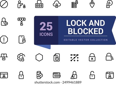 Einfacher Satz von Schloss und blockiertem Symbol. Pixel perfekt, minimalistische Web-und UI-Symbol. Gliederungssymbolsammlungen. Bearbeitbare Vektorgrafik.