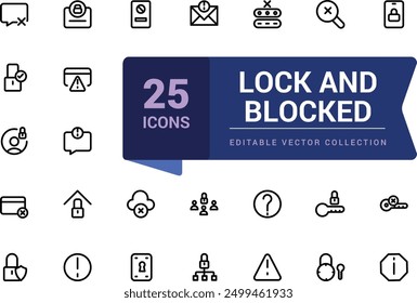 Simple set of lock and blocked icon. Pixel perfect, minimalistic web and UI icon. Outline icon collections. Editable vector illustration.