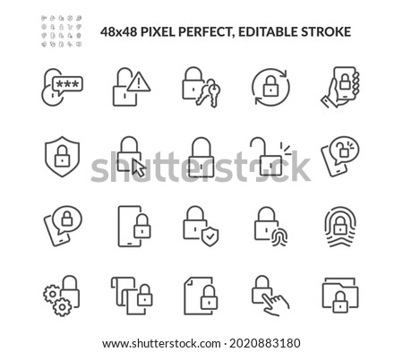 Simple Set of Locks Related Vector Line Icons. Contains such Icons as Locked Document, Fingerprint, Padlock and more. Editable Stroke. 48x48 Pixel Perfect.