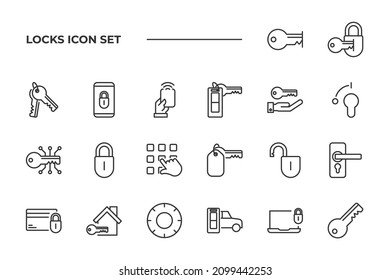 simple set of Locks vector icons with editable line styles covering car keys, hotel keys, padlocks and other. isolated on white background. 