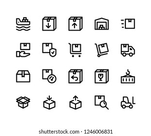 Simple Set of Logistic Related Vector Line Icons. Contains such Icons as freighter, package, inventory, warehouse, trolly and More. pixel perfect vector icons based on 32px grid. Editable Strokes