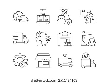 Conjunto simples de ícones de linha de vetor relacionados à logística. Inspeção de carga, rota, empilhadeira no armazém. Esboço web logística de transporte, caminhão de entrega, transporte. Ícones para web design, aplicativo móvel.