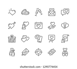 Simple Set of Love Related Vector Line Icons. Contains such Icons as Romantic Letter, Happy Couple, Gift, Broken Heart and more. Editable Stroke. 48x48 Pixel Perfect.