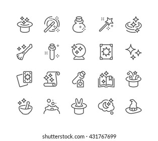 Simple Set of Magic Related Vector Line Icons. 
Contains such Icons as Magic Hat, Wand, Spell Book, Effect and more. 
Editable Stroke. 48x48 Pixel Perfect. 